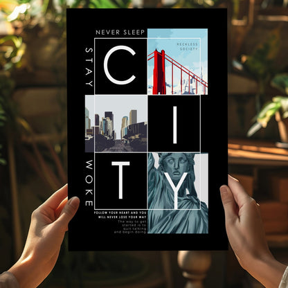 Black Photo Collage City Typography Aluminum Print