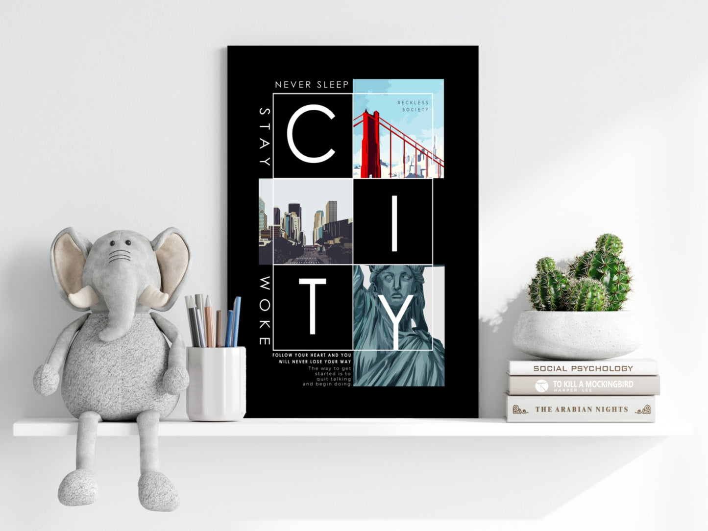 Black Photo Collage City Typography Aluminum Print