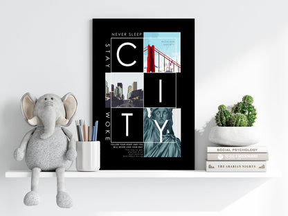 Black Photo Collage City Typography Aluminum Print