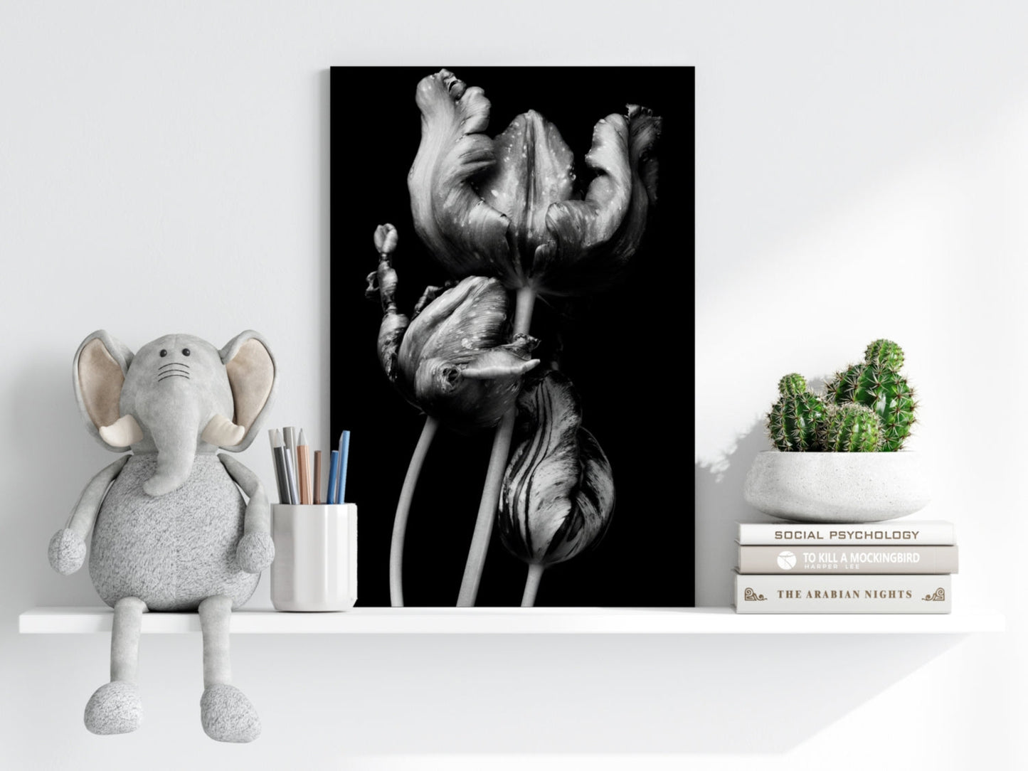 Silver Parrot Tulips Noir Aluminum Print