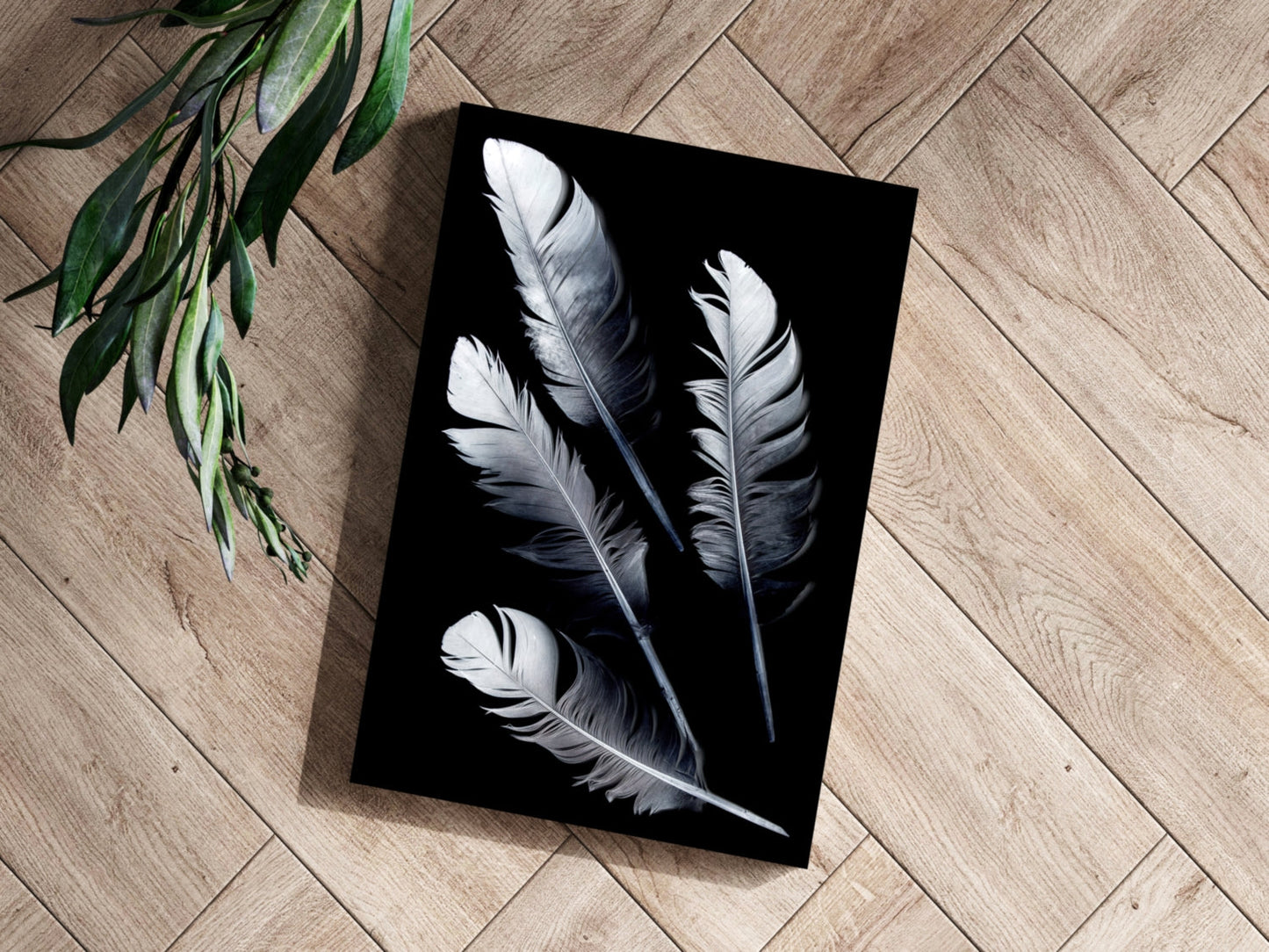 Four Silver Quill Feathers Black Aluminum Print