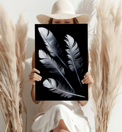 Four Silver Quill Feathers Black Aluminum Print