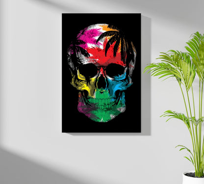 Palm Tree Sunset Silhouette Skull Aluminum Print