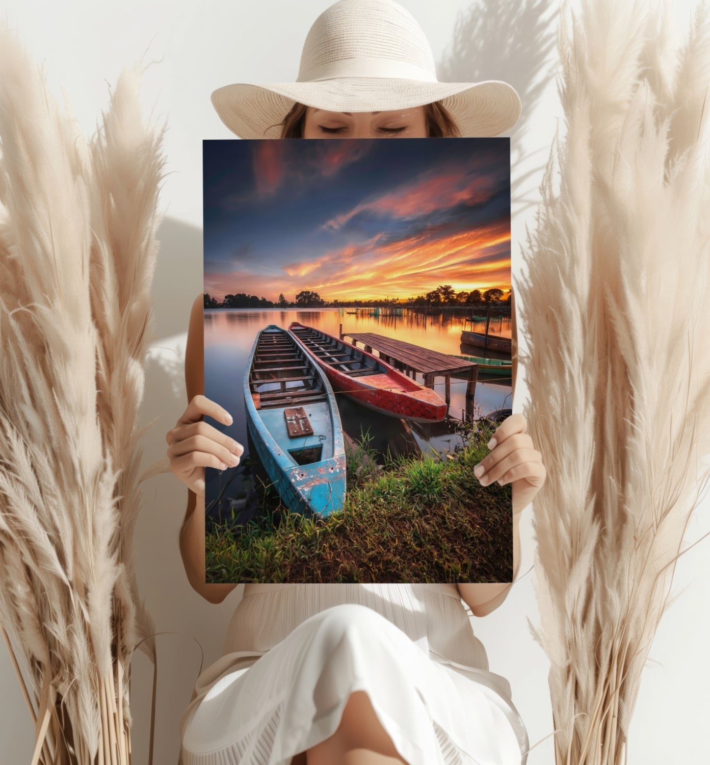 Moored Wooden Boats at Lake Sunset Aluminum Print