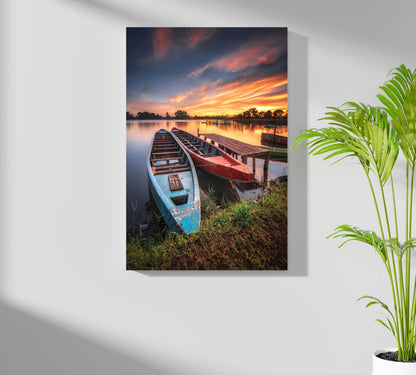 Moored Wooden Boats at Lake Sunset Aluminum Print