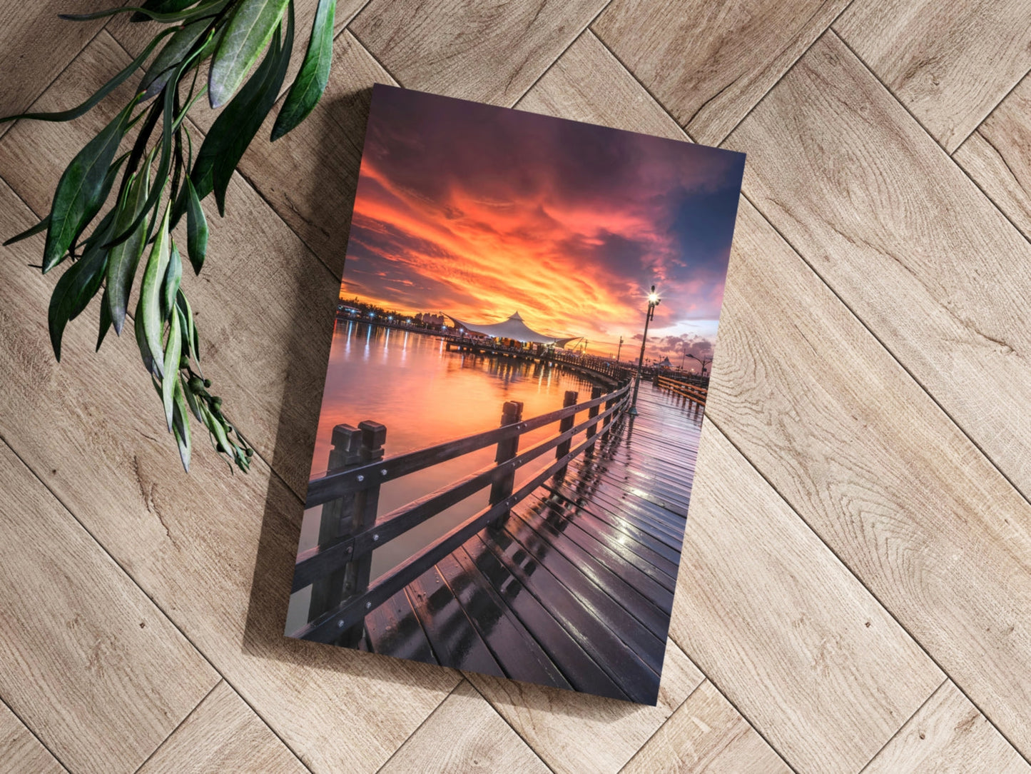 Fiery Sky Waterfront Boardwalk Pier Aluminum Print