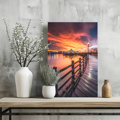 Fiery Sky Waterfront Boardwalk Pier Aluminum Print