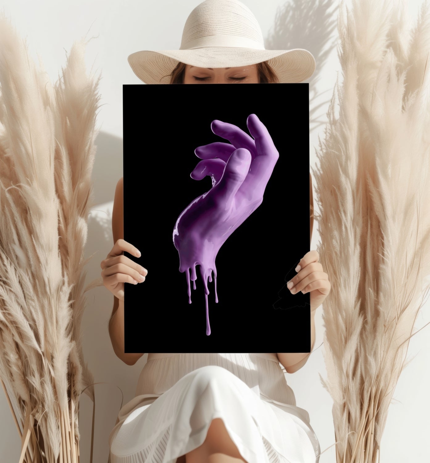 Purple Dripping Paint Hand Black Aluminum Print
