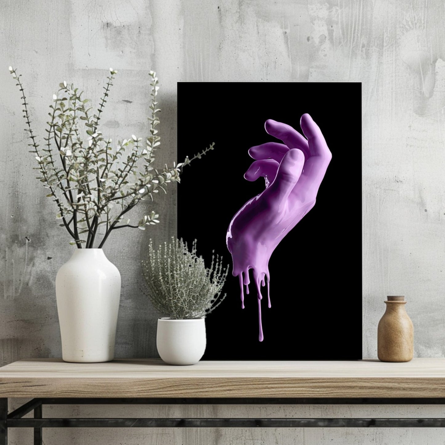 Purple Dripping Paint Hand Black Aluminum Print