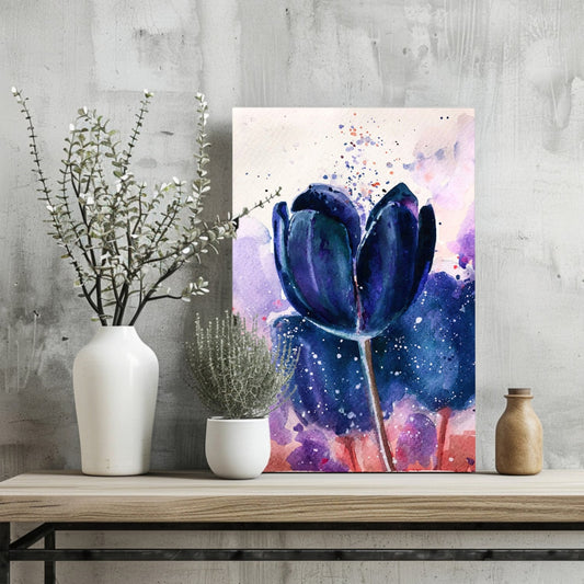 Midnight Blue Watercolor Tulip Aluminum Print