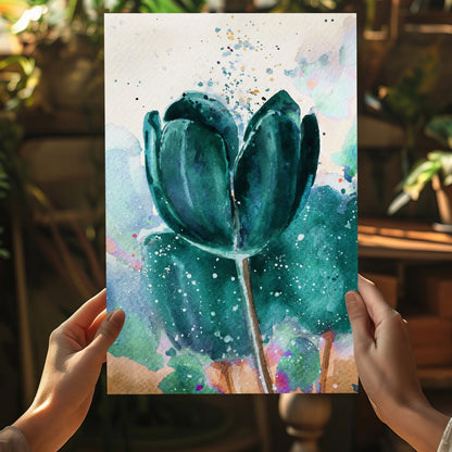 Emerald Watercolor Tulip Splash Aluminum Print