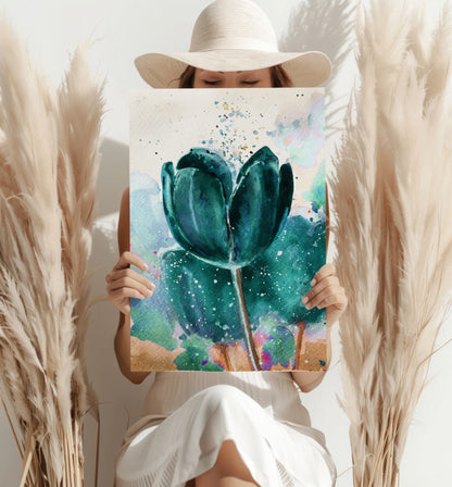 Emerald Watercolor Tulip Splash Aluminum Print