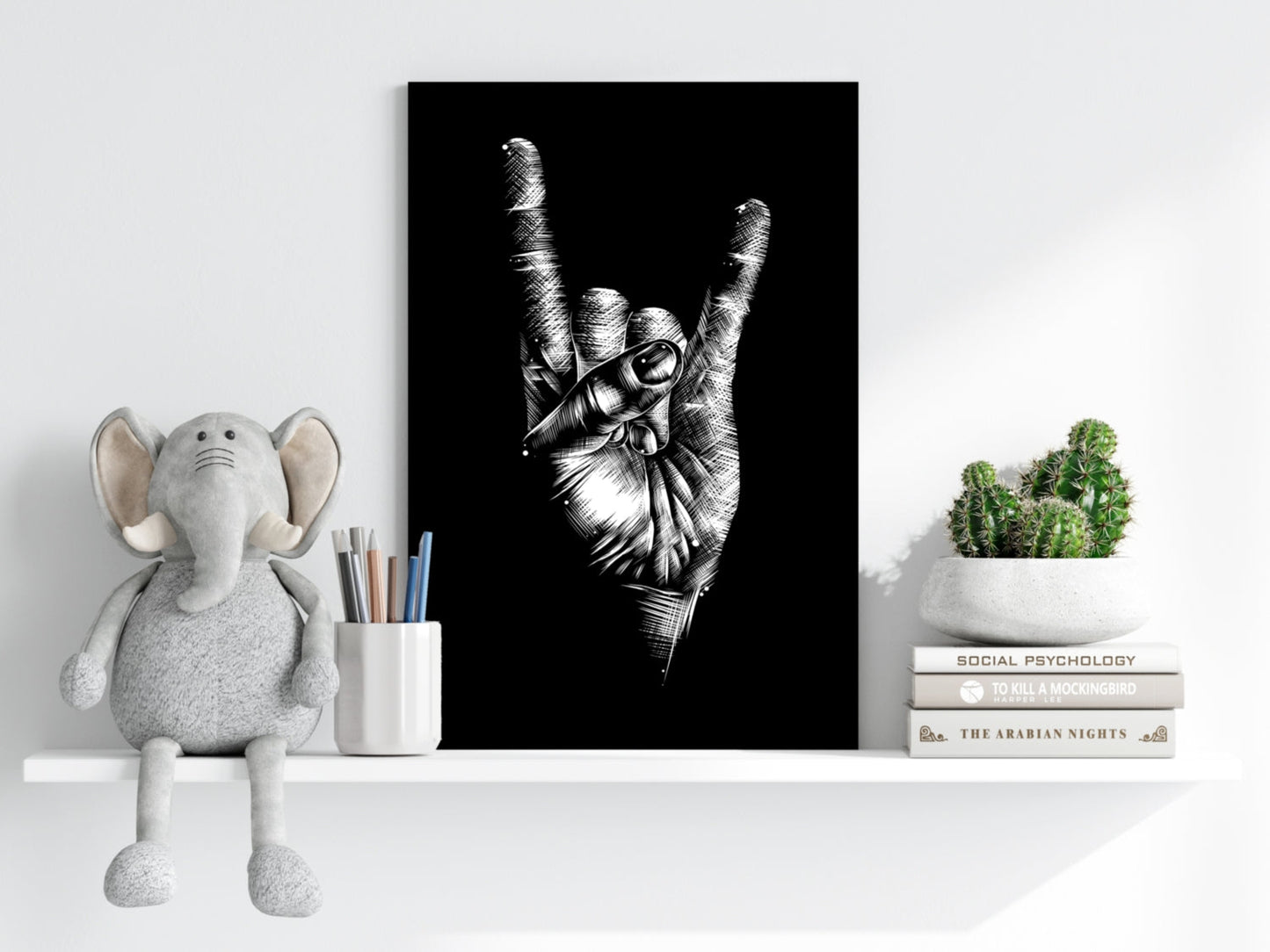 White Sketch Rock Hand Horns On Black Aluminum Print