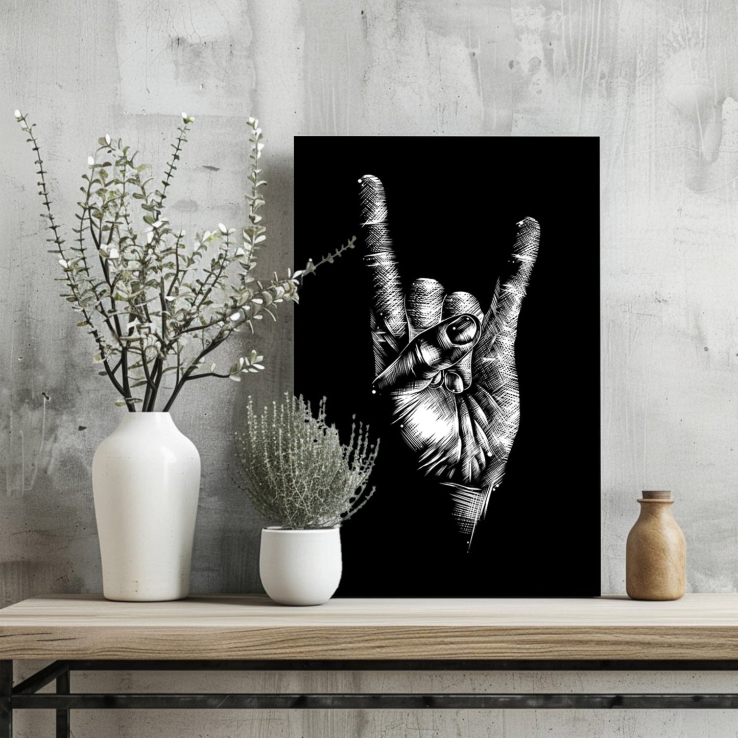 White Sketch Rock Hand Horns On Black Aluminum Print