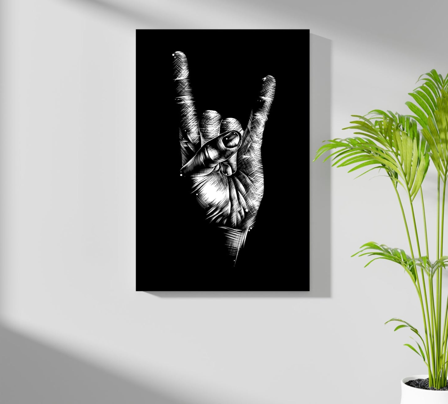 White Sketch Rock Hand Horns On Black Aluminum Print