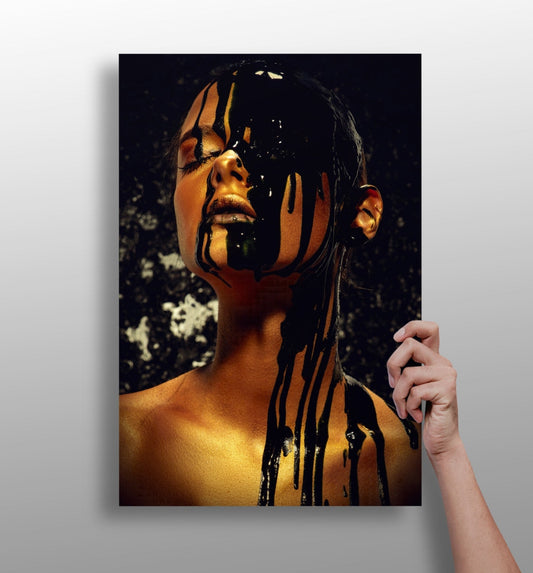 Black Paint Dripping Gold Aluminum Print