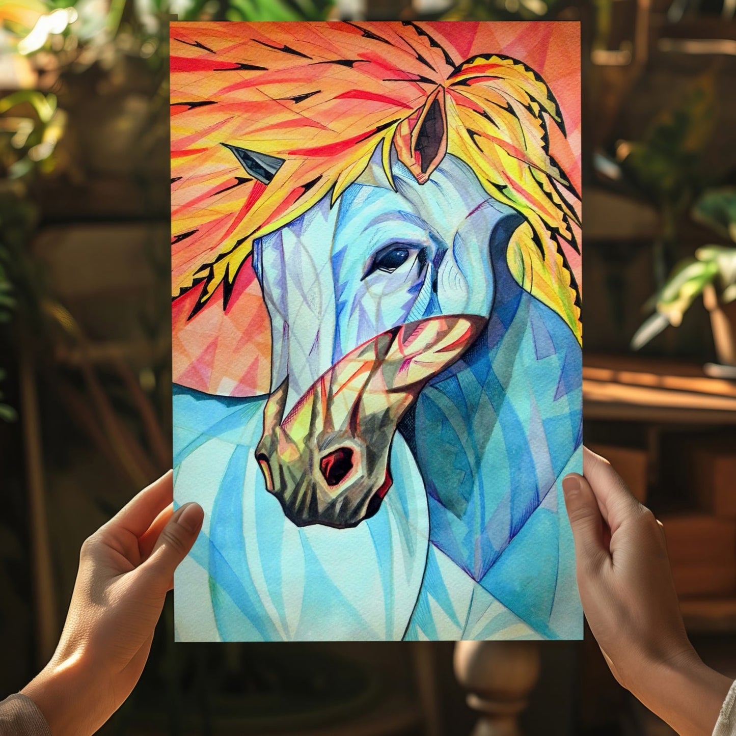 Cubist Fiery Mane Blue Horse Aluminum Print