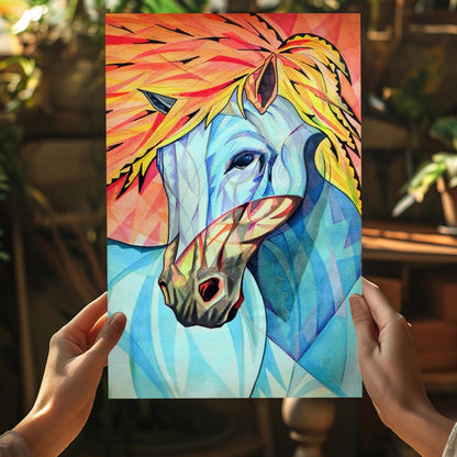 Cubist Fiery Mane Blue Horse Aluminum Print
