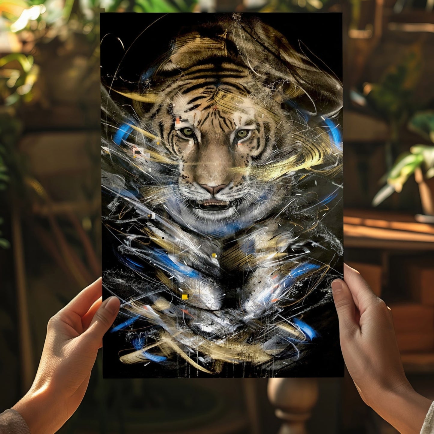 Gold and Blue Brushstroke Tiger Aluminum Print