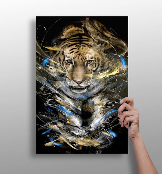 Gold and Blue Brushstroke Tiger Aluminum Print
