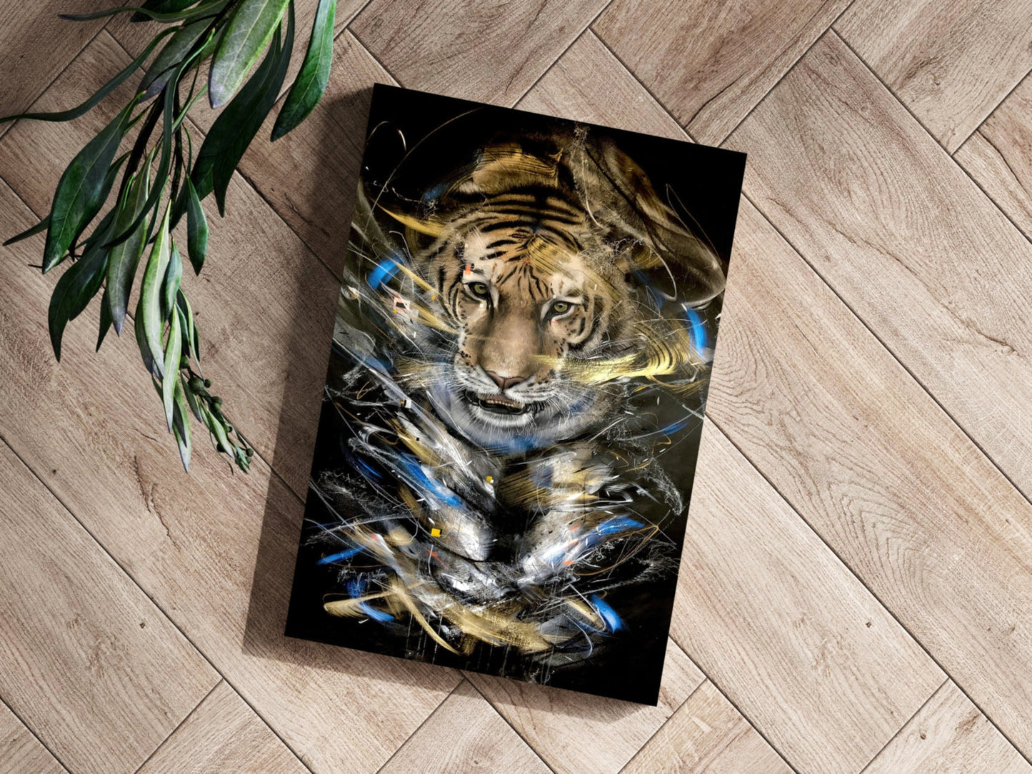 Gold and Blue Brushstroke Tiger Aluminum Print