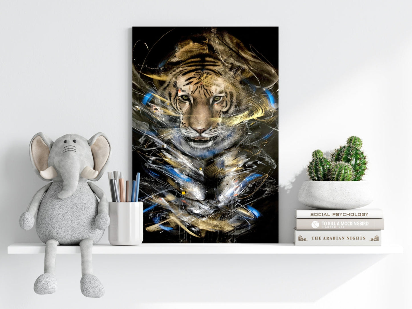 Gold and Blue Brushstroke Tiger Aluminum Print