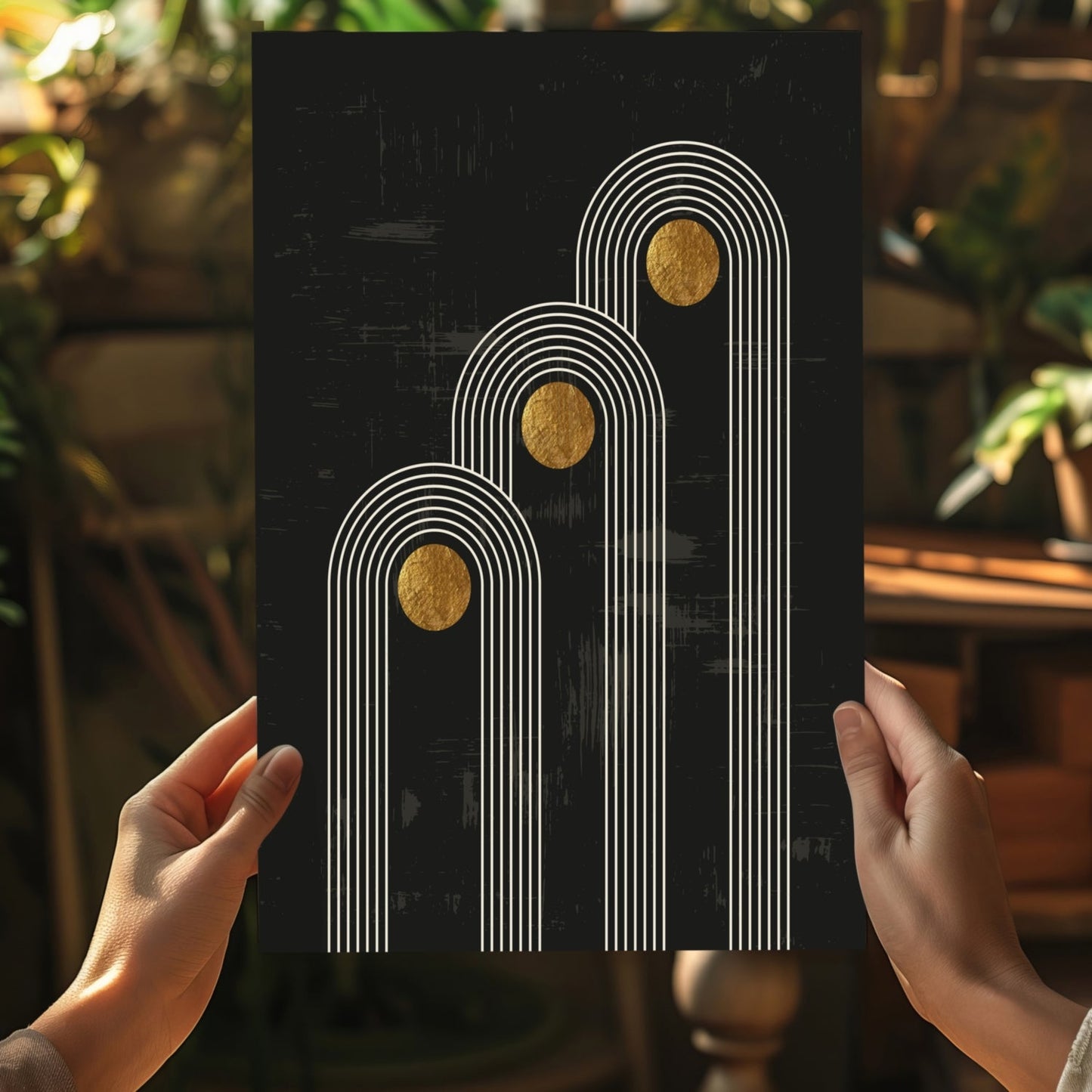 Triple Arch Gold Moons Noir Aluminum Print