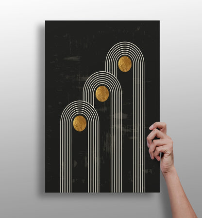Triple Arch Gold Moons Noir Aluminum Print