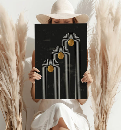 Triple Arch Gold Moons Noir Aluminum Print