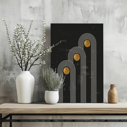Triple Arch Gold Moons Noir Aluminum Print