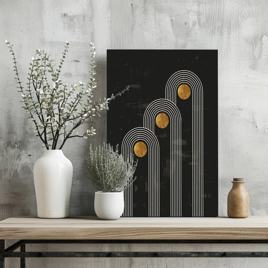Triple Arch Gold Moons Noir Aluminum Print