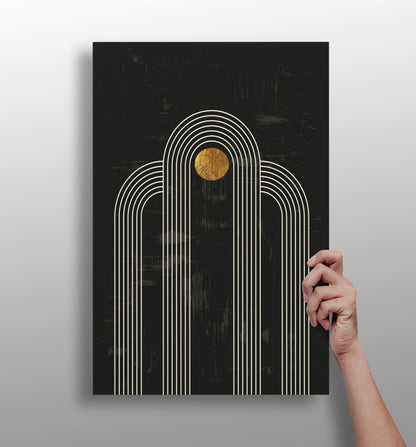 Single Arch Gold Sun Charcoal Aluminum Print