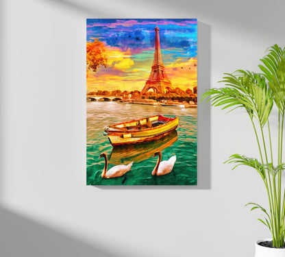 Swans And Rowboat Paris River Aluminum Print