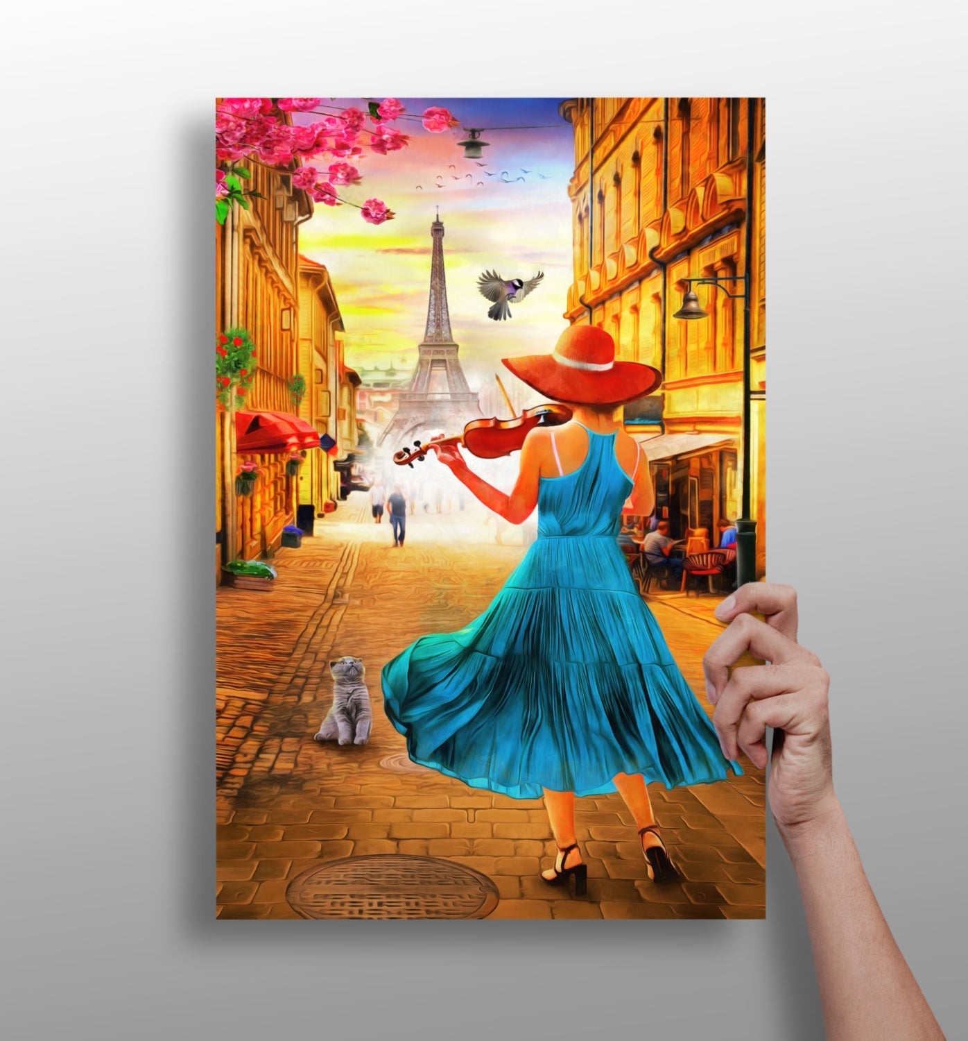 Violinist In Teal Dress Paris Street Aluminum Print