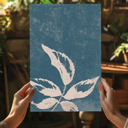 Cream Leaf Branch on Blue Grunge Aluminum Print