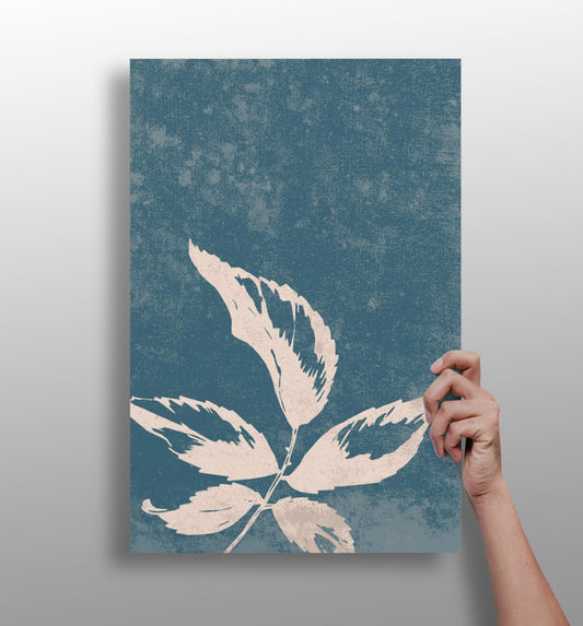 Cream Leaf Branch on Blue Grunge Aluminum Print