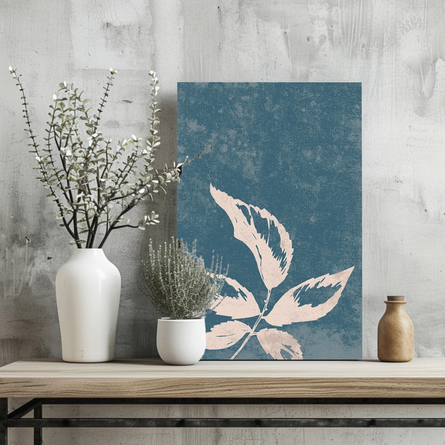 Cream Leaf Branch on Blue Grunge Aluminum Print