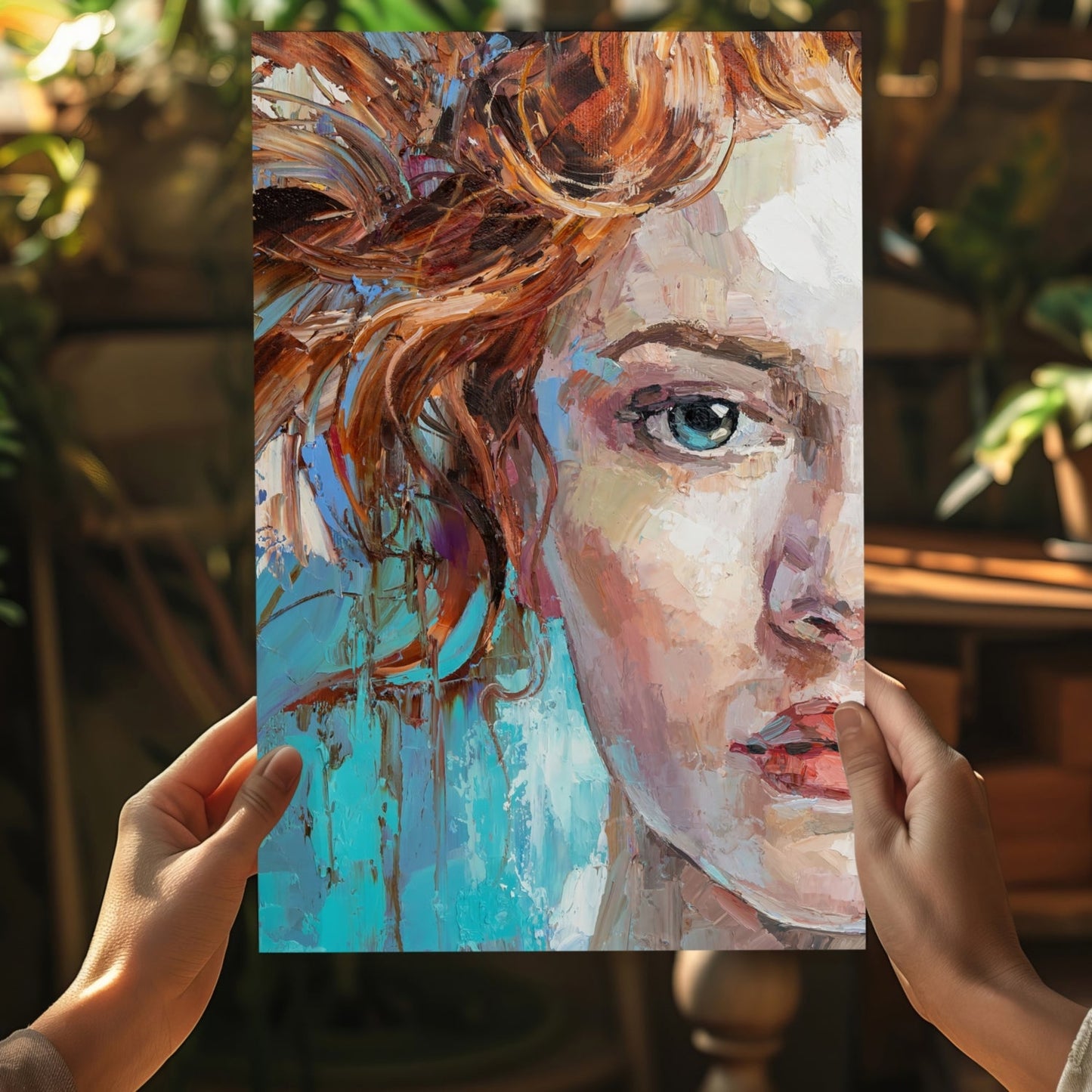 Teal Backdrop Copper Hair Woman Aluminum Print