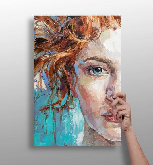 Teal Backdrop Copper Hair Woman Aluminum Print