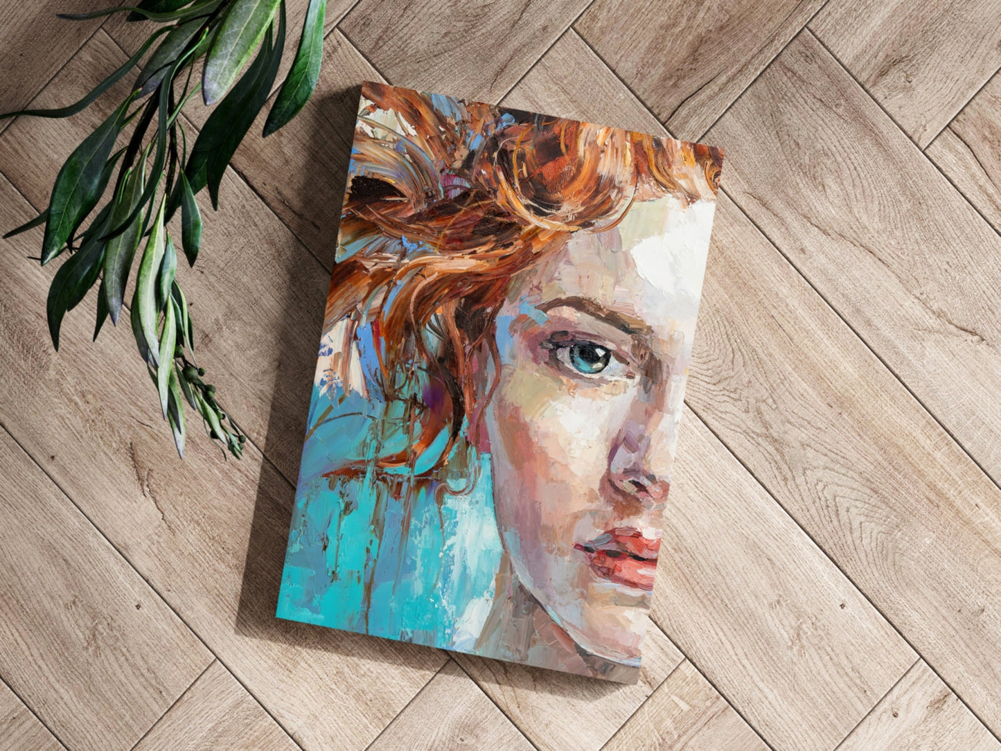 Teal Backdrop Copper Hair Woman Aluminum Print