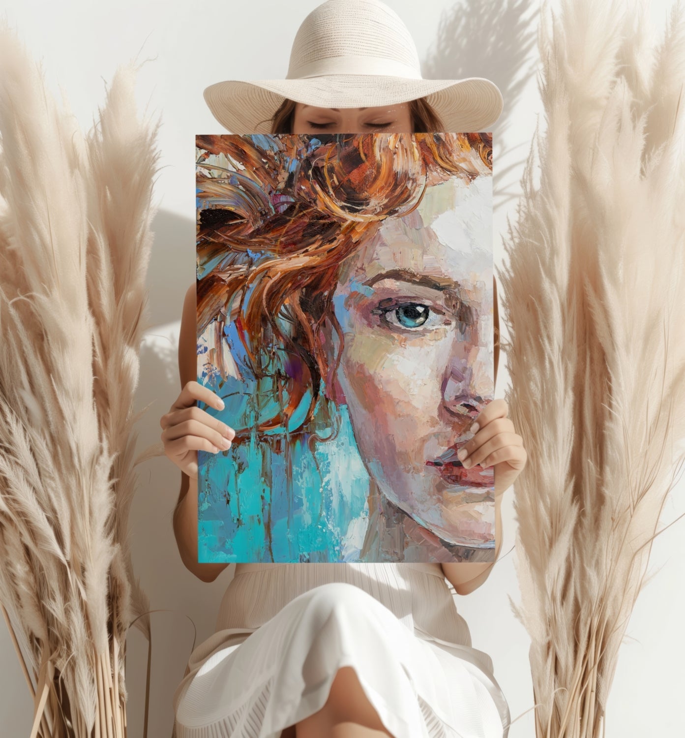 Teal Backdrop Copper Hair Woman Aluminum Print