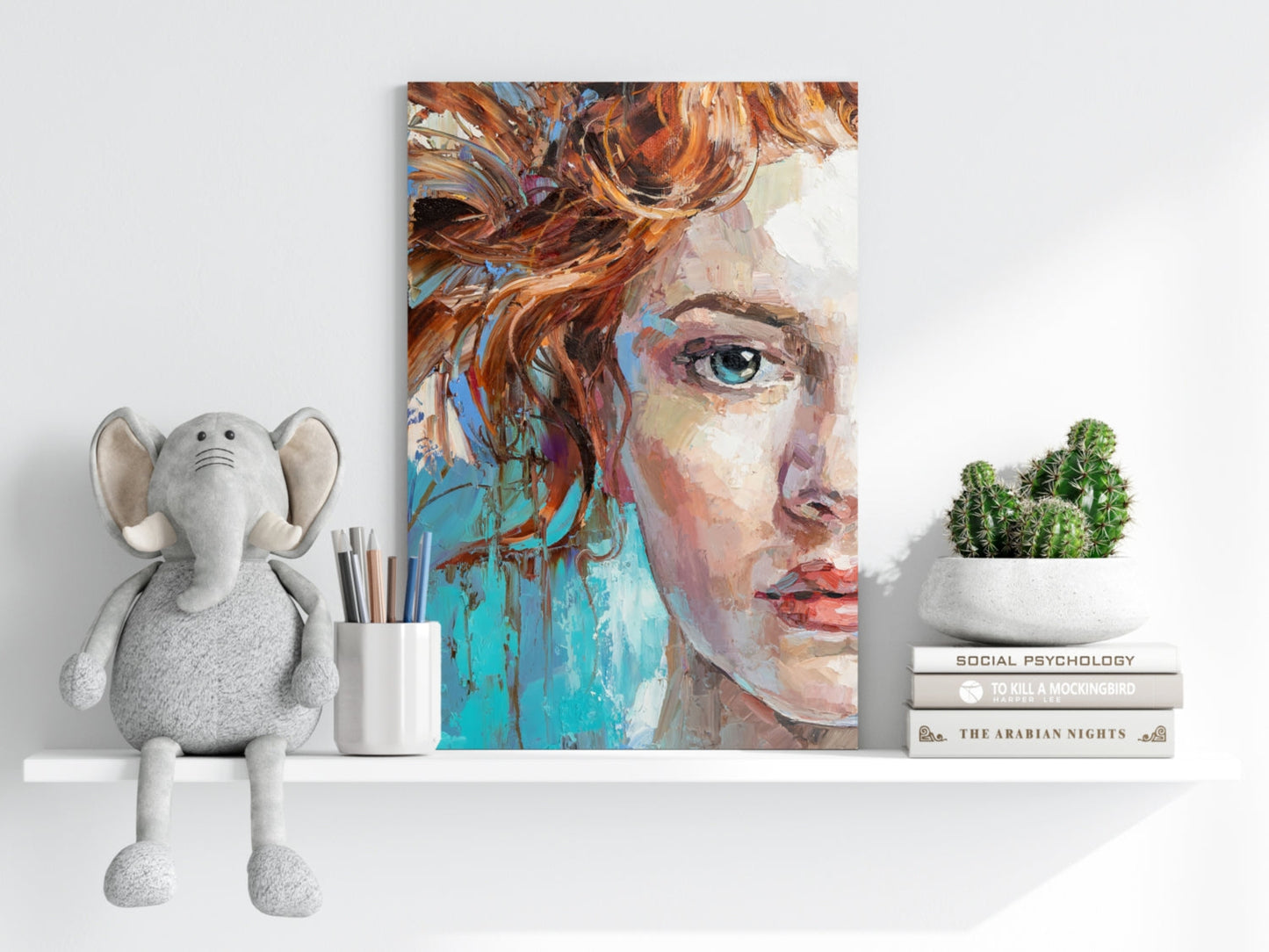 Teal Backdrop Copper Hair Woman Aluminum Print