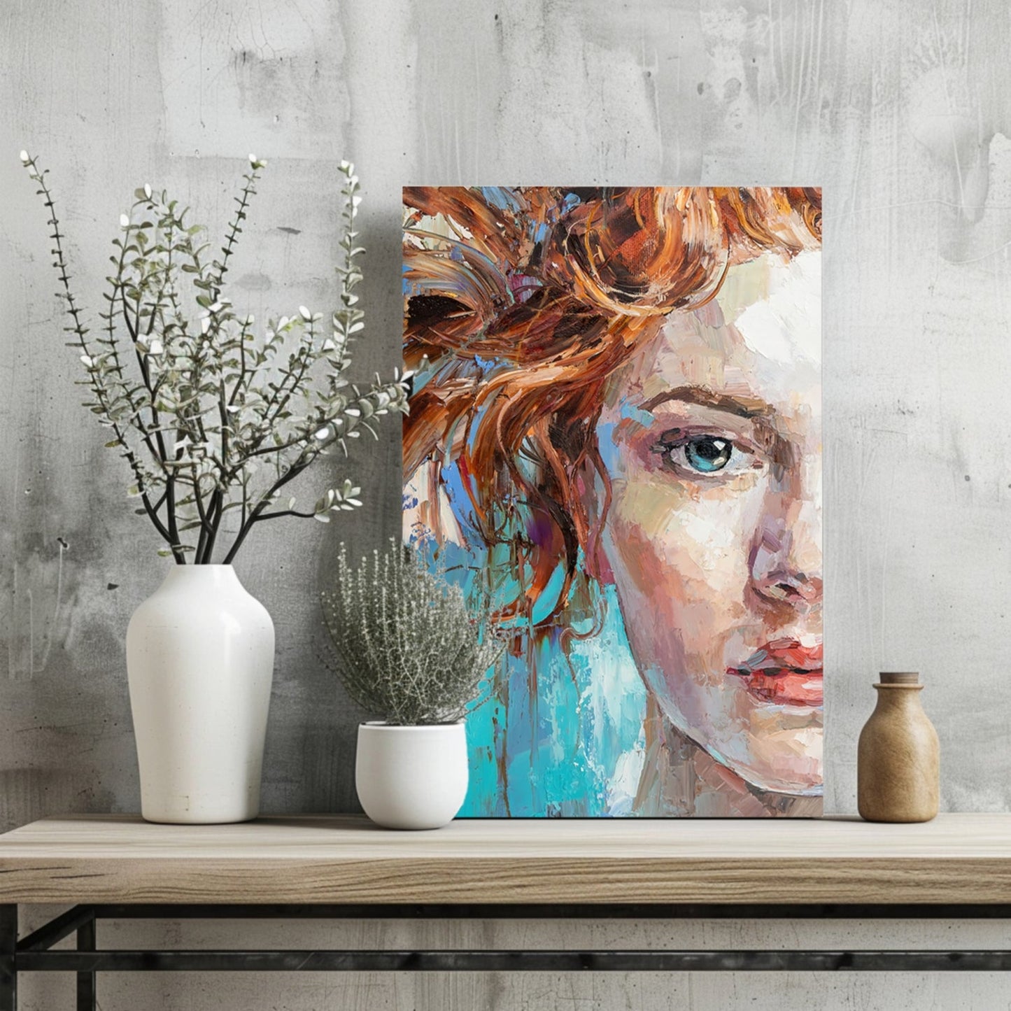 Teal Backdrop Copper Hair Woman Aluminum Print