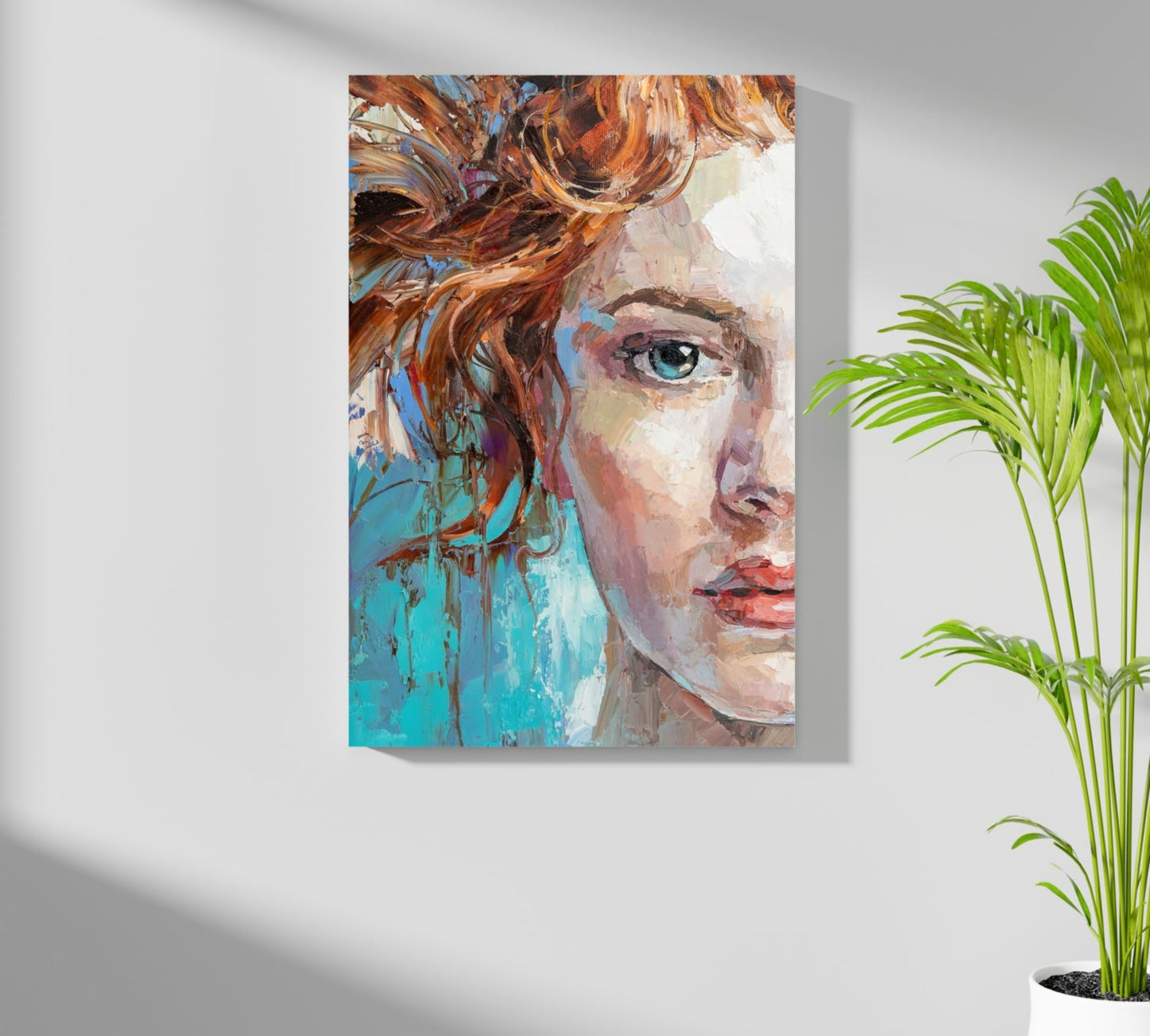 Teal Backdrop Copper Hair Woman Aluminum Print