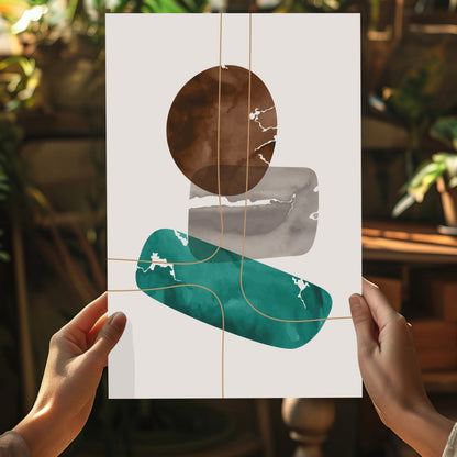 Brown Teal Stacked Stones Gold Lines Aluminum Print