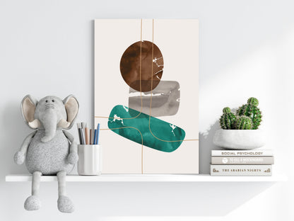 Brown Teal Stacked Stones Gold Lines Aluminum Print