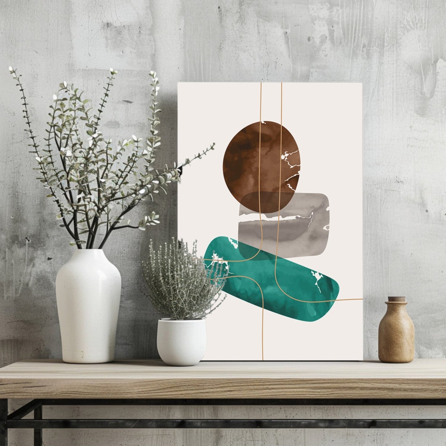Brown Teal Stacked Stones Gold Lines Aluminum Print