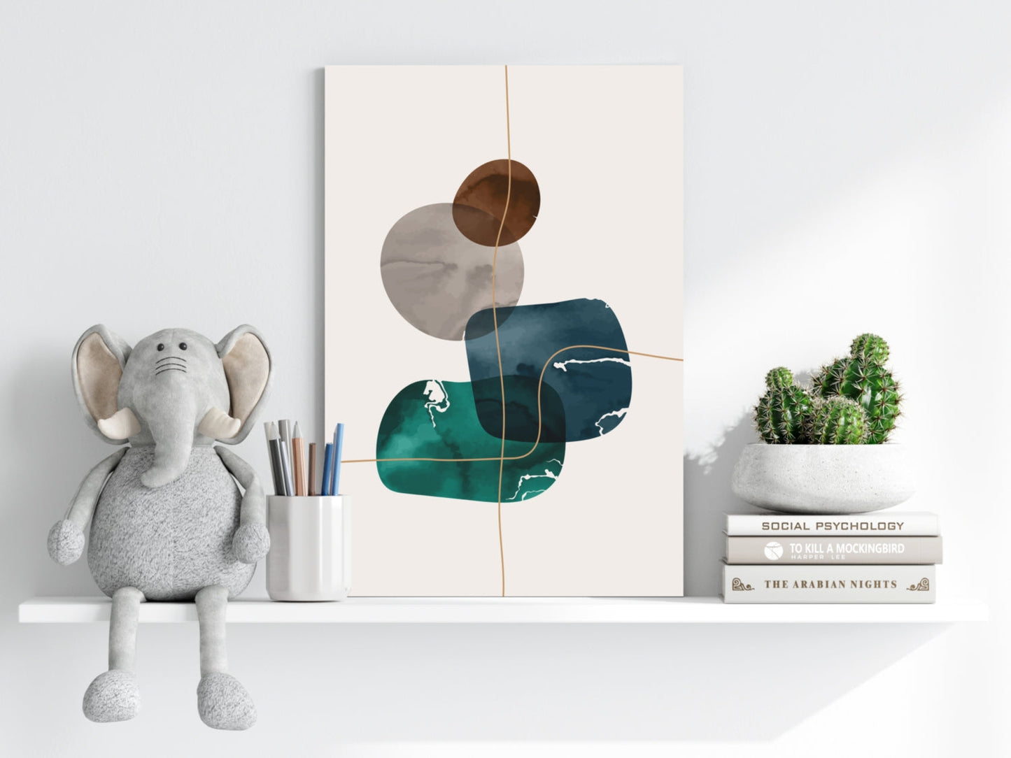Teal Navy Rounded Shapes Gold Grid Lines Aluminum Print