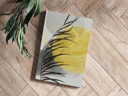 Yellow Sun Black Palm Frond Gray Circles Aluminum Print