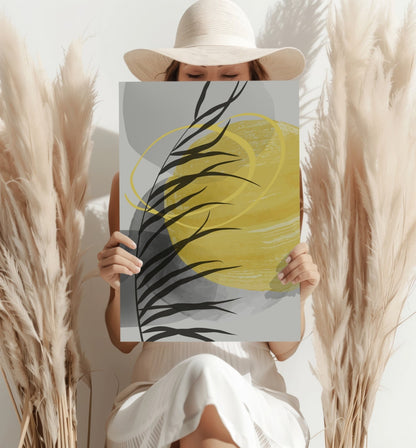 Yellow Sun Black Palm Frond Gray Circles Aluminum Print